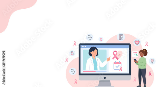 Virtual breast cancer awareness consultation shown on screen with mother and child.