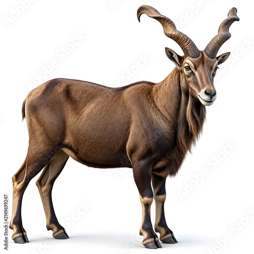 Markhor Capra falconeri Wild Mountain Goat Isolated on White Background Horned Animal Full Body Standing Studio Shot