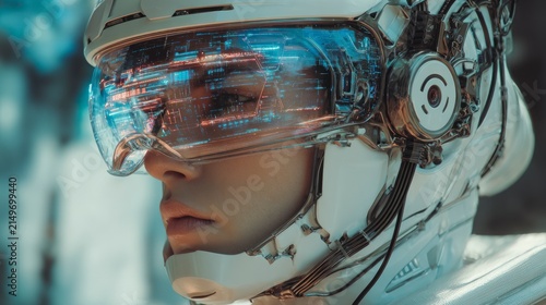 Woman wearing futuristic VR headset with digital display