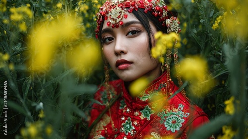 Young Asian woman in traditional dress among yellow flowers