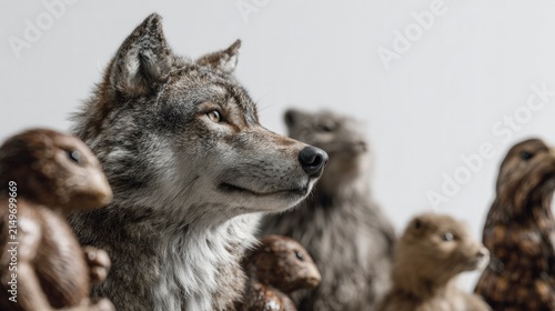 Wolf taxidermy with blurred animal models in museum setting
