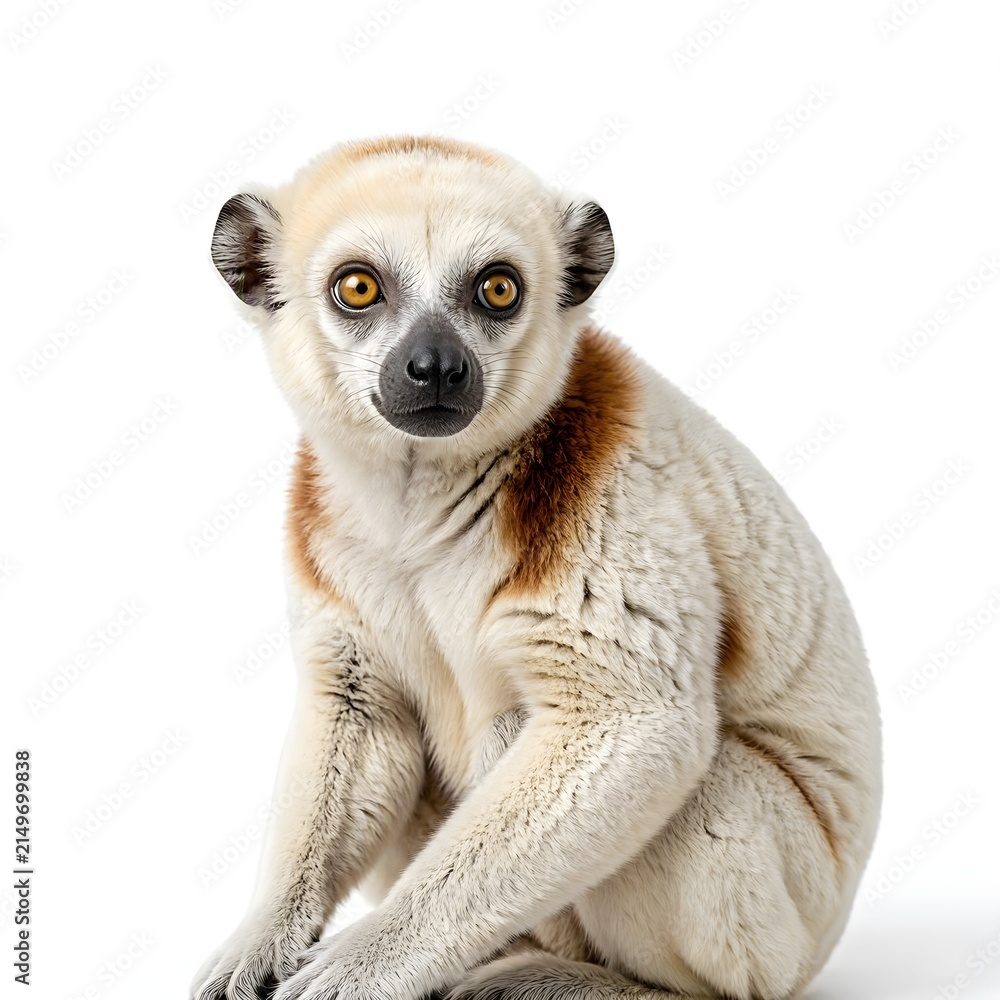 Fototapeta premium White Coquerel Sifaka Lemur Sitting and Looking Forward Isolated on White Background Studio Shot