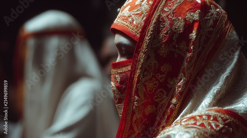 Woman in elaborate red and gold traditional attire