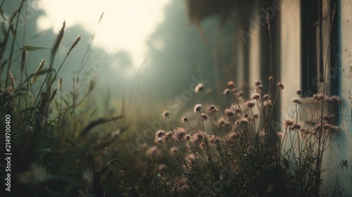 Wildflowers and grass near old building in misty morning light