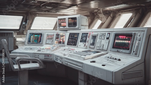 Vintage control room console with glowing monitors and buttons