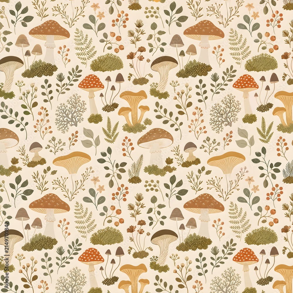 Seamless botanical pattern featuring wild mushrooms and forest flora in warm vintage tones for textile wallpaper and print on demand design