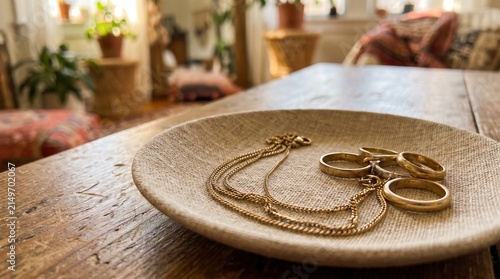 Golden Wedding Rings and Chains on Woven Display Tray
