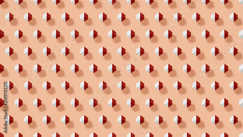 Red white isometric seamless cube pattern, bold 3d blocks scatter, warm peach coral background