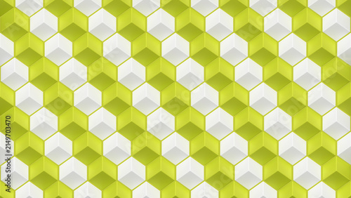 Isometric cube hexagon pattern, yellow green white 3d blocks, optical illusion surface