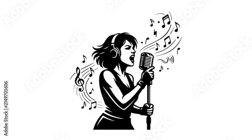 Elegant Retro Vector Illustration of a Beautiful Woman with Black Hair Playing Acoustic Guitar with Flowers and Vintage Glamour Style