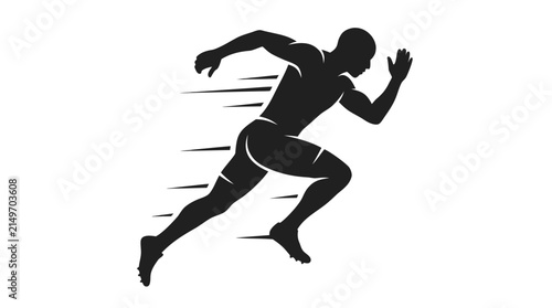 Vector illustration of a black silhouette of a male athlete running fast in dynamic action stance during a sports fitness sprint competition
