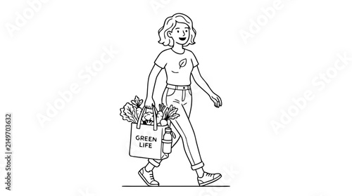Vector cartoon illustration of a cute girl character in a dress carrying a handbag