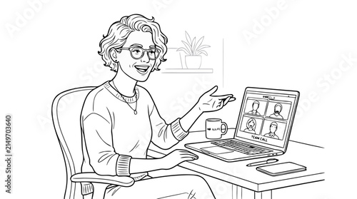 Funny cartoon illustration of a businesswoman sitting in her office chair working on a laptop computer vector drawing
