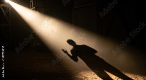 Dramatic Shadow of a Person Gesturing in a Bright Spotlight with Visible Dust Particles