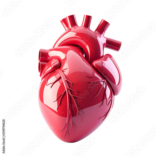 3D plastic cartoon style heart anatomy icon, heart with smooth rounded shapes, shin on transparent background and white background