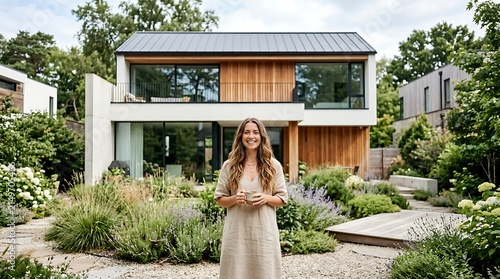 Smiling woman standing in a lush garden before a modern house