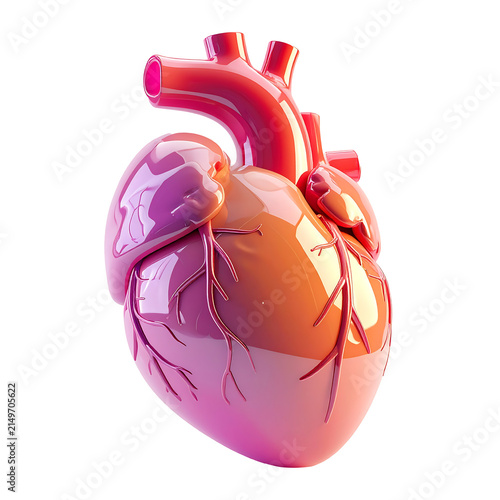 3D plastic cartoon style heart anatomy icon, heart with smooth rounded shapes, on transparent background and white background