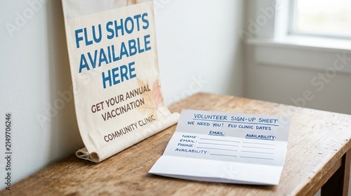 Flu banner resting beside a folded volunteer sign-up sheet at a community clinic