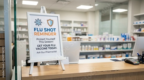 Flu shot reminder sign propped on an easel beside a pharmacy counter