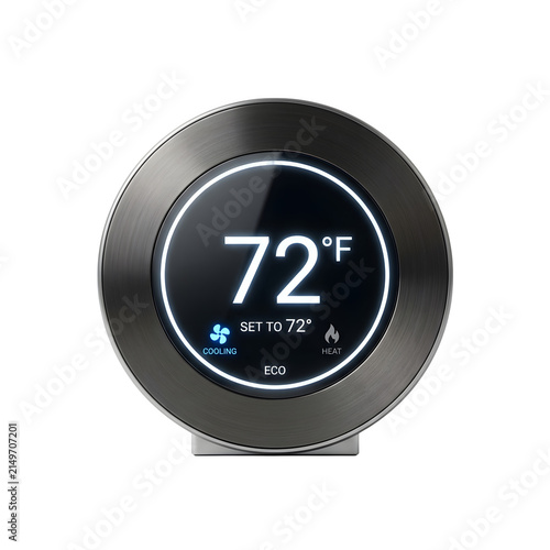 Circular smart home thermostat digital temperature gauge with hvac system thermostat temperature circular interface technology automation connected efficiency settings as PNG cutout