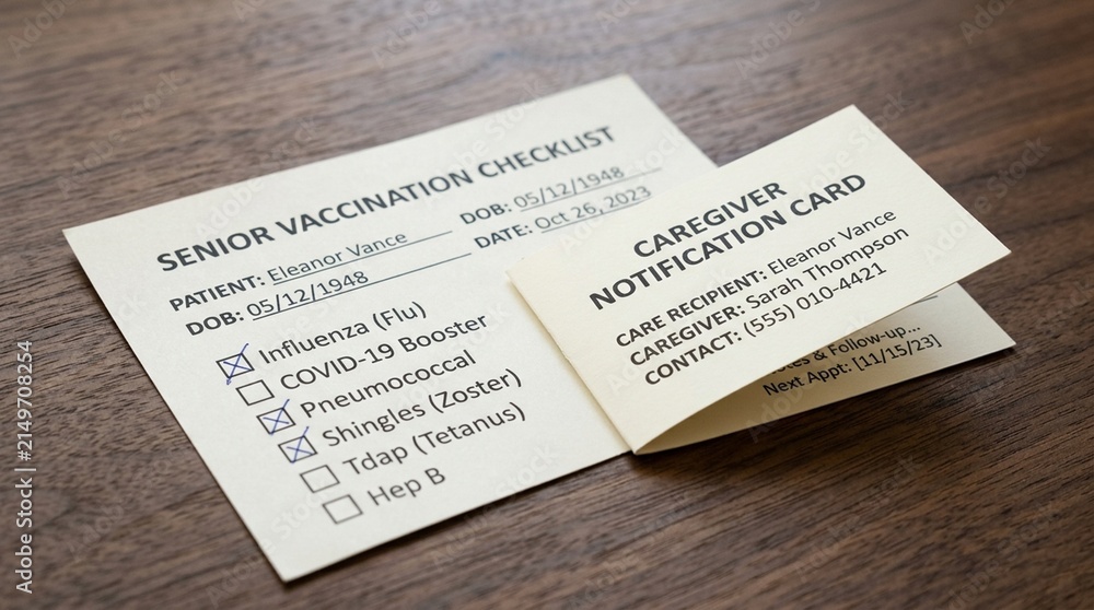 Fototapeta premium Senior vaccination checklist resting beside a folded caregiver notification card