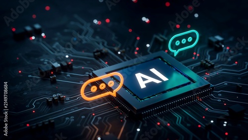 Artificial Intelligence AI Processor Chip with Chatbot Interface on Futuristic Circuit Board Representing Generative AI Technology