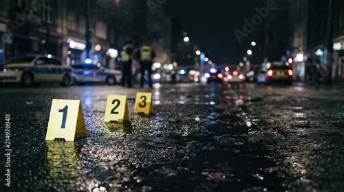 Numbered Evidence Markers on Wet Pavement at Urban Crime Scene with Police Presence