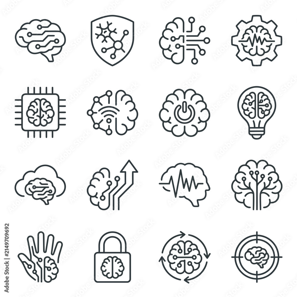 Fototapeta premium A comprehensive set of sixteen line art icons illustrates artificial intelligence and brain-related concepts, featuring various brain representations integrated with circuits and technology.