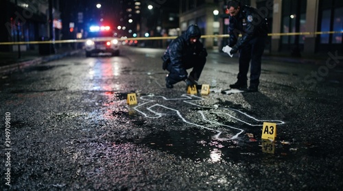 Police Officers Examining Chalk Outline and Evidence Markers at Wet Crime Scene