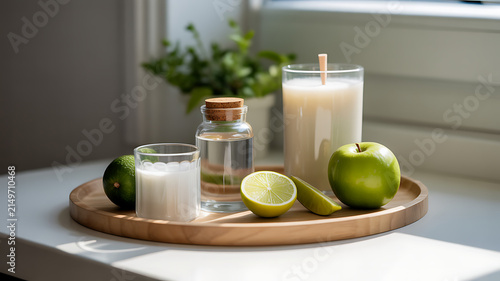 A wooden tray holds glasses of fresh smoothie, a glass jar, and green apples with limes.