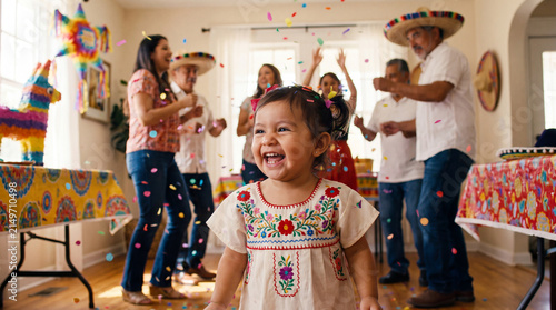 A smiling baby girl in a traditional Mexican dress plays with confetti during a joyful Hispanic Heritage Month celebration