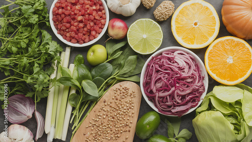 A top-down view displays an assortment of fresh vegetables, citrus fruits, and herbs.