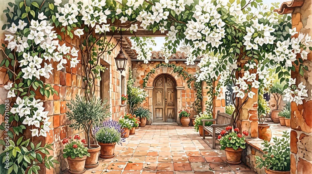 Fototapeta premium A picturesque stone courtyard in a sunlit Mediterranean villa adorned with lush white blooming jasmine vines and vibrant terracotta pots filled with greenery creates a peaceful outdoor sanctuary