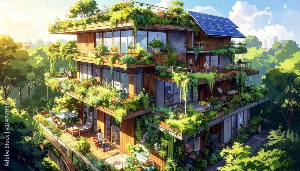 Obraz premium EcoFriendly Building with Vertical Gardens and Solar Panels Illustration