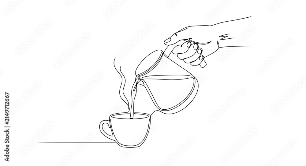 Obraz premium Hand Pouring Coffee Into Cup, Continuous Line Art, Isolated