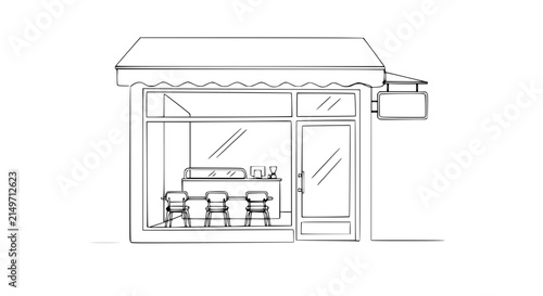 Hand-drawn sketch of a small shopfront with awning and display window