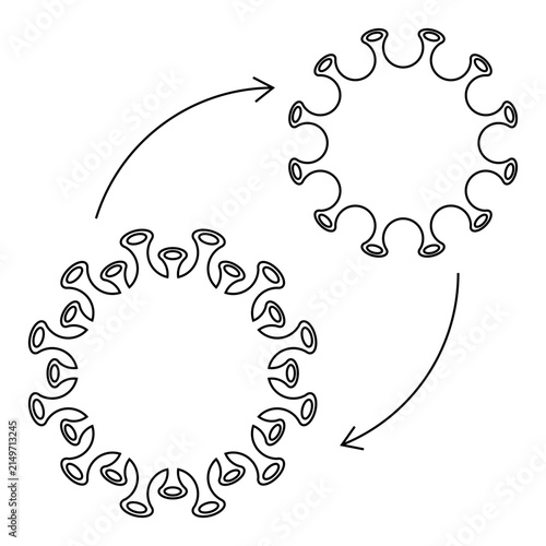 Scientific line illustration showing coronavirus particles and directional arrows representing viral replication, transmission, mutation, or infectious disease progression.