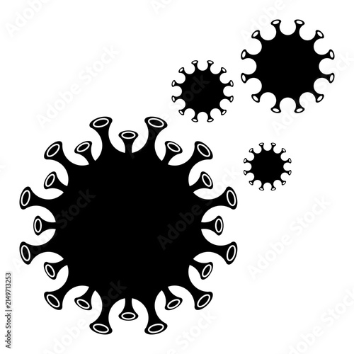 Graphic illustration showing multiple coronavirus particles with distinctive spike proteins, representing infection, virology, microbiology, disease research, and public health concepts.