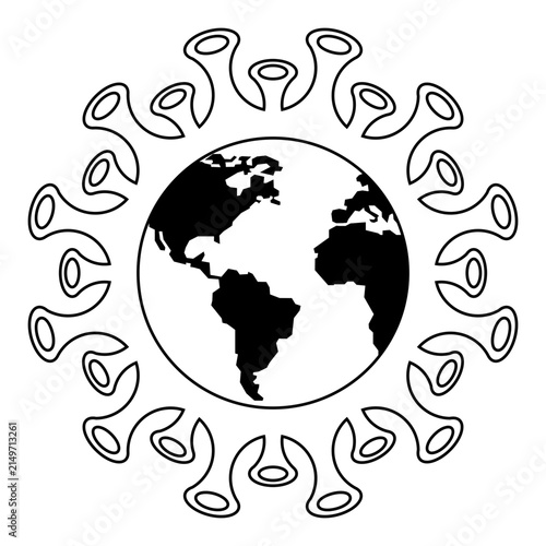 Circular globe symbol surrounded by abstract renewable energy shapes, representing global sustainability, environmental awareness, clean energy, and ecological responsibility.