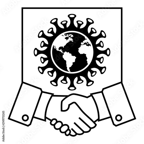 Handshake symbol beneath a globe surrounded by abstract environmental shapes, representing international partnership, cooperation, sustainability, trust, and shared responsibility.