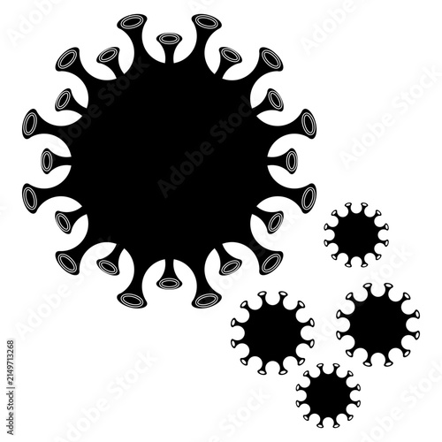 Graphic illustration showing multiple coronavirus particles with distinctive spike proteins, representing infection, virology, microbiology, disease research, and public health concepts.