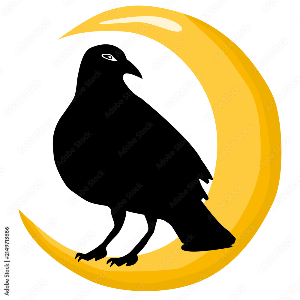 Naklejka premium Silhouette of a black crow Perched on a Crescent Moon