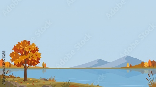 静かな湖と山並みを描いた秋の自然風景と広い青空背景