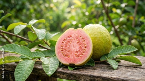 Fresh pink guava fruit with green leaves on a rustic wooden surface outdoors.