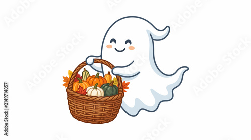 Cute smiling ghost holding a basket of pumpkins and autumn leaves - kawaii Halloween character, fall harvest, friendly spirit flat vector illustration isolated on white background