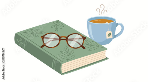 Book with reading glasses and steaming tea cup - reading time, relaxation, literature, study break, cozy lifestyle flat vector illustration isolated on white background