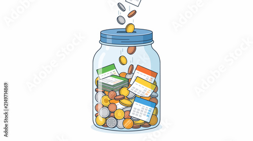 Glass jar filled with coins, money and calendars - saving money, financial planning, budgeting, investment, time is money concept flat vector illustration for finance and business