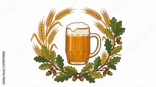 Beer mug with foam surrounded by wheat and hops wreath - Oktoberfest, brewing, brewery, craft beer, traditional German celebration vintage illustration isolated on white background