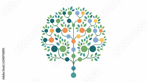 Abstract family tree made of geometric circles and leaves with copy space - genealogy, network, growth, 2d flat vector illustration isolated on white background