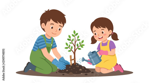 Children planting tree sapling - environmental education, ecology, kids gardening, earth day, nature conservation flat vector illustration